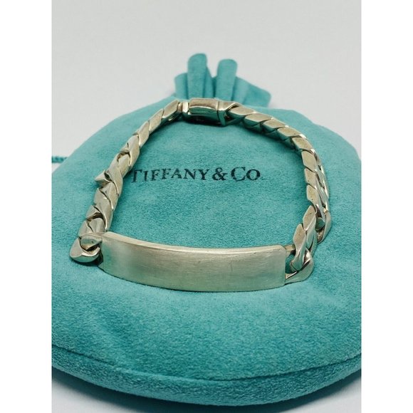 Tiffany & Co. Sterling Silver 53 Gram 8 1/2" Men's Curb Link ID Bracelet Brushed - Picture 1 of 8